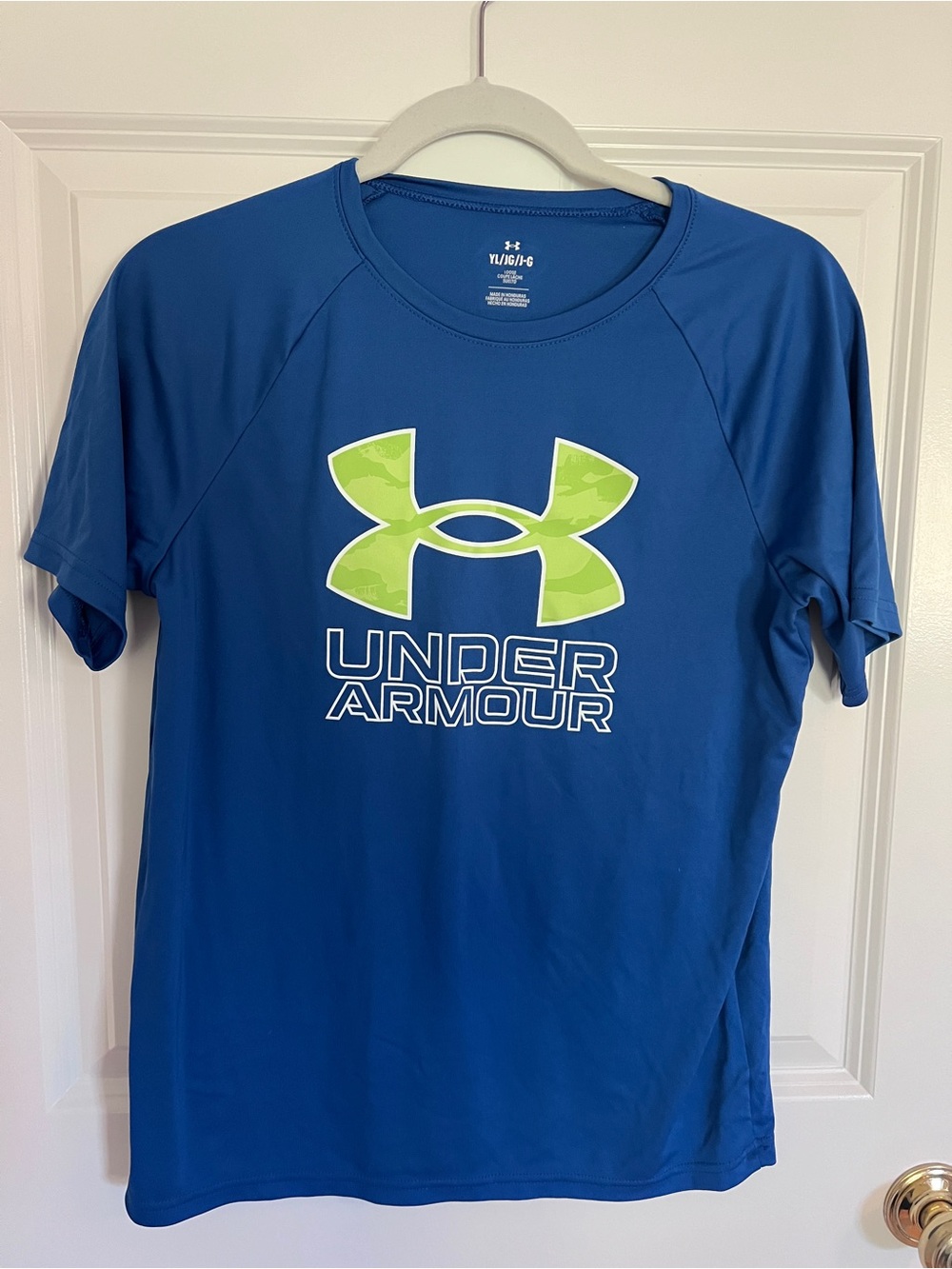 Under Armour Blue Short Sleeve Tee with Neon Green Logo Youth Large